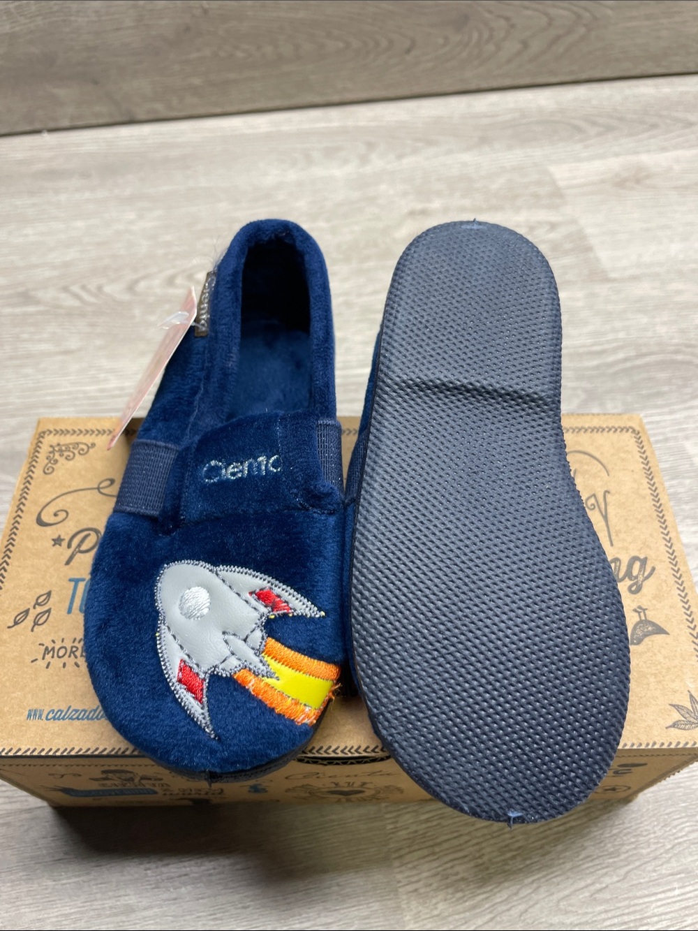 Cienta Navy Slippers with Rocket Patch and Red-Yellow Flames #92